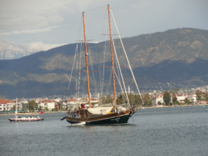 Sailing on two-masted wooden gulet up the coast